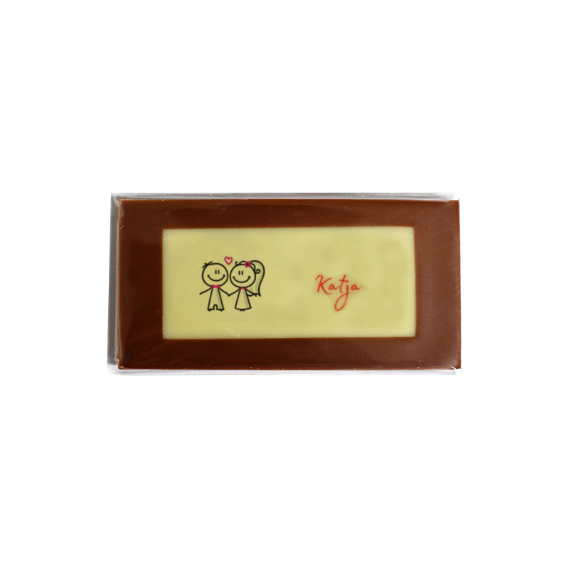 Minitafel 8x4cm Tischkarte aus Schokolade Motiv Liebespaar mit Gastnamen