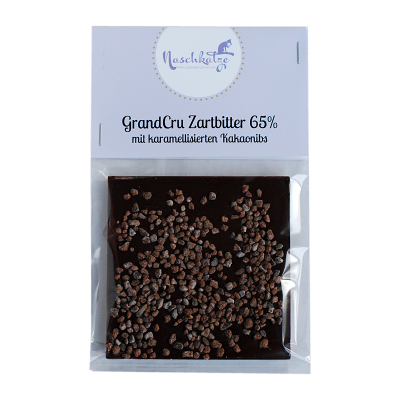 Schokoladentafel Zartbitter 65% mit karamellisierten Kakaobohnensplittern vegan